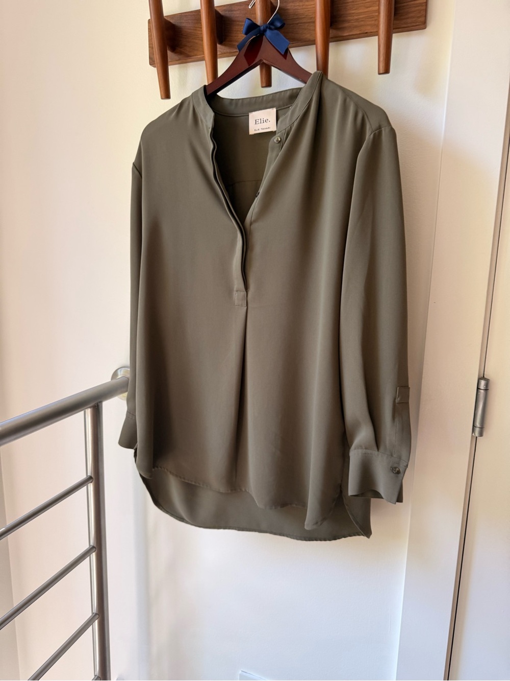 Elie Olive Split-Neck Long-Sleeve Blouse